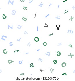 Light Blue, Green vector seamless backdrop with english symbols. Blurred design in simple style with signs of alphabet. Pattern for trendy fabric, wallpapers.