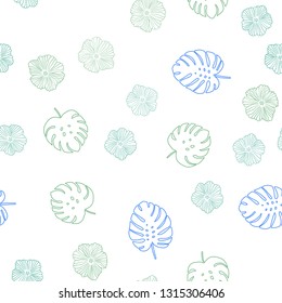 Light Blue, Green vector seamless doodle pattern with flowers, leaves. Brand new colored illustration with leaves and flowers. Design for wallpaper, fabric makers.