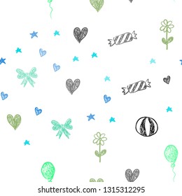 Light Blue, Green vector seamless background in xmas style. Design in xmas style with aheart, baloon, candy, gift, star, ribbon. Pattern for new year ads.