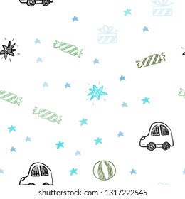 Light Blue, Green vector seamless layout in new year style. Design in xmas style with a toy car, baloon, candy, star, ball. Design for holiday adverts.