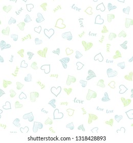 Light Blue, Green vector seamless pattern with phrase LOVE YOU, hearts. Colorful illustration with quote LOVE YOU, hearts. Pattern for trendy fabric, wallpapers.
