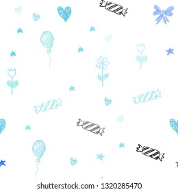 Light Blue, Green vector seamless texture in birthday style. Colorful illustration with aheart, baloon, candy, gift, star, ribbon. Pattern for new year ads.