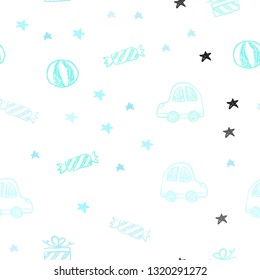 Light Blue, Green vector seamless backdrop in holiday style. Colorful illustration with a toy car, baloon, candy, star, ball. Pattern for new year ads.