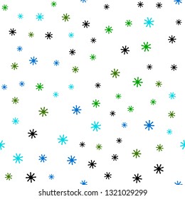Light Blue, Green vector seamless background with xmas snowflakes. Shining colorful illustration with snow on abstract template. Design for textile, fabric, wallpapers.