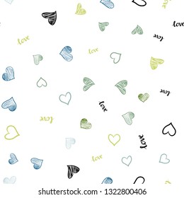 Light Blue, Green vector seamless template with text LOVE YOU, hearts. Illustration with words of love, hearts in abstract style. Template for business cards, websites.
