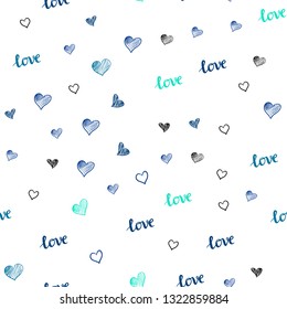 Light Blue, Green vector seamless backdrop with phrase LOVE YOU, hearts. Colorful gradient phrase LOVE YOU, hearts in abstract style. Template for business cards, websites.