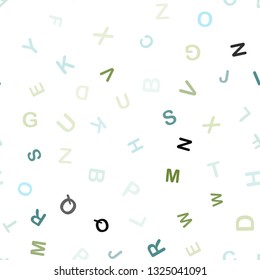 Light Blue, Green vector seamless backdrop with english symbols. Shining illustration with ABC symbols on abstract template. Design for textile, fabric, wallpapers.