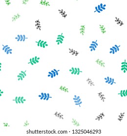 Light Blue, Green vector seamless doodle texture with leaves. leaves on blurred abstract background with gradient. Pattern for design of fabric, wallpapers.