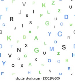 Light Blue, Green vector seamless background with signs of alphabet. Shining colorful illustration with isolated letters. Texture for window blinds, curtains.