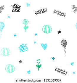 Light Blue, Green vector seamless texture in birthday style. Illustration with a gradient heart, balloon, candy, gift, star, ribbon. Pattern for birthday gifts.