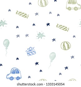 Light Blue, Green vector seamless template in carnival style. Design in xmas style with a toy car, baloon, candy, star, ball. Template for new year postcards.