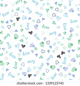 Light Blue, Green vector seamless background with words of love, hearts. Design in doodle style with text LOVE YOU, hearts. Design for wallpaper, fabric makers.