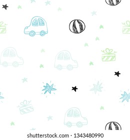 Light Blue, Green vector seamless texture in birthday style. Abstract illustration with a toy car, baloon, candy, star, ball. Pattern for new year ads.