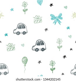 Light Blue, Green vector seamless backdrop with holiday gifts. Abstract illustration with a toy car, heart, baloon, tulip, candy, ball. Pattern for new year ads.
