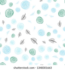 Light Blue, Green vector seamless abstract backdrop with leaves and flowers. Colorful illustration in doodle style with leaves, flowers. Pattern for design of fabric, wallpapers.