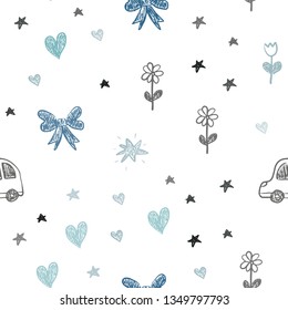 Light Blue, Green vector seamless template with carnival elements. Colorful illustration with a toy car, heart, baloon, tulip, candy, ball. Pattern for carnival, festival ads.