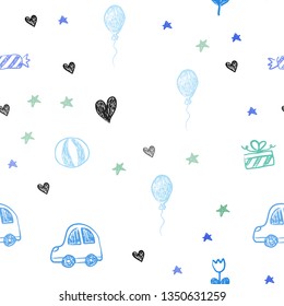 Light Blue, Green vector seamless layout with new year gifts. Shining illustration with a toy car, heart, baloon, tulip, candy, ball. Pattern for new year ads.