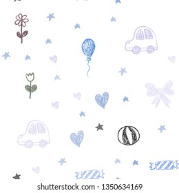 Light Blue, Green vector seamless template with carnival elements. Design in xmas style with a toy car, heart, baloon, tulip, candy, ball. Design for holiday adverts.