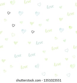 Light Blue, Green vector seamless cover with quote LOVE YOU, hearts. Design in doodle style with text LOVE YOU, hearts. Design for wallpaper, fabric makers.