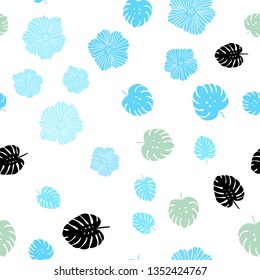 Light Blue, Green vector seamless doodle background with flowers, leaves. Modern abstract illustration with leaves and flowers. Texture for window blinds, curtains.