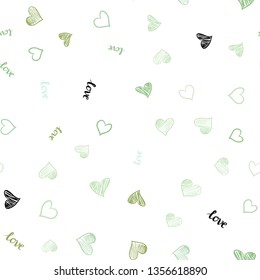 Light Blue, Green vector seamless texture with words LOVE YOU, hearts. Design in doodle style with text LOVE YOU, hearts. Design for textile, fabric, wallpapers.