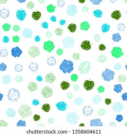 Light Blue, Green vector seamless abstract backdrop with leaves, flowers. An elegant bright illustration with leaves and flowers. Texture for window blinds, curtains.