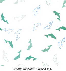 Light Blue, Green vector seamless texture with dolphins. Isolated sea dolphins on white background. Pattern for wildlife ad, booklets.