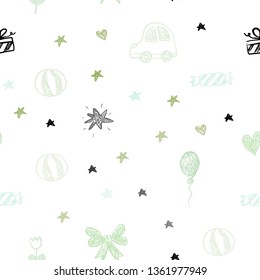 Light Blue, Green vector seamless texture with birthday gifts. Shining illustration with a toy car, heart, baloon, tulip, candy, ball. Design for colorful commercials.