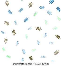 Light Blue, Green vector seamless doodle pattern with leaves. Blurred decorative design in Indian style with leaves. Template for business cards, websites.