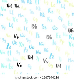 Light Blue, Green vector seamless backdrop with english symbols. Colored alphabet signs with gradient on white background. Pattern for trendy fabric, wallpapers.