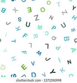 Light Blue, Green vector seamless backdrop with english symbols. Colored alphabet signs with gradient on white background. Pattern for trendy fabric, wallpapers.