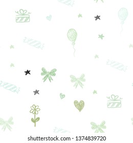 Light Blue, Green vector seamless backdrop in holiday style. Abstract illustration with aheart, baloon, candy, gift, star, ribbon. Template for new year postcards.