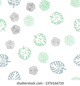 Light Blue, Green vector seamless doodle pattern with flowers, leaves. Colorful illustration in doodle style with leaves, flowers. Design for textile, fabric, wallpapers.