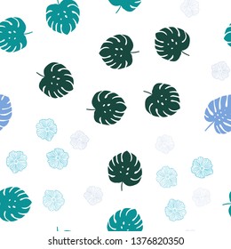 Light Blue, Green vector seamless abstract design with flowers, leaves. Sketchy doodles on white background. Design for textile, fabric, wallpapers.