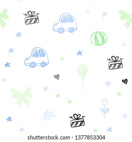 Light Blue, Green vector seamless layout with new year gifts. Illustration with a gradient toy car, heart, baloon, tulip, candy, ball. Pattern for birthday gifts.