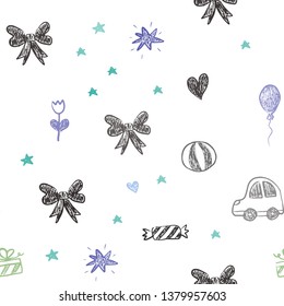 Light Blue, Green vector seamless pattern with christmas toys. Colorful illustration with a toy car, heart, baloon, tulip, candy, ball. Template for new year postcards.