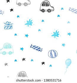 Light Blue, Green vector seamless template in carnival style. Shining illustration with a toy car, baloon, candy, star, ball. Design for colorful commercials.