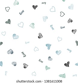 Light Blue, Green vector seamless backdrop with phrase LOVE YOU, hearts. Colorful illustration with quote LOVE YOU, hearts. Design for wallpaper, fabric makers.