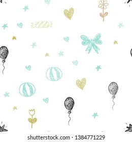 Light Blue, Green vector seamless layout with new year gifts. Colorful illustration with a toy car, heart, baloon, tulip, candy, ball. Design for colorful commercials.