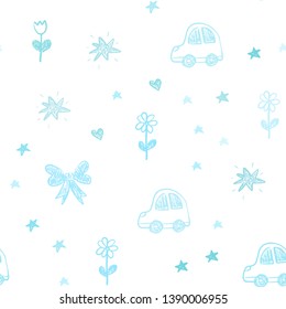 Light Blue, Green vector seamless background with xmas attributes. Colorful illustration with a toy car, heart, baloon, tulip, candy, ball. Design for colorful commercials.