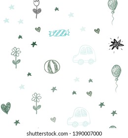 Light Blue, Green vector seamless layout with new year gifts. Shining illustration with a toy car, heart, baloon, tulip, candy, ball. Pattern for carnival, festival ads.