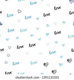 Light Blue, Green vector seamless template with text LOVE YOU, hearts. Design in doodle style with text LOVE YOU, hearts. Design for textile, fabric, wallpapers.