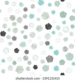 Light Blue, Green vector seamless doodle background with leaves, flowers. Leaves and flowers with gradient on white background. Pattern for design of fabric, wallpapers.