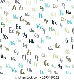 Light Blue, Green vector seamless backdrop with english symbols. Abstract illustration with colored latin alphabet. Texture for window blinds, curtains.