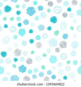 Light Blue, Green vector seamless doodle template with leaves, flowers. Glitter abstract illustration with leaves and flowers. Texture for window blinds, curtains.