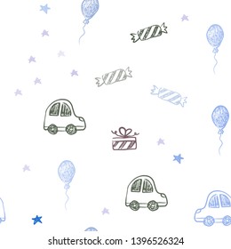 Light Blue, Green vector seamless template in carnival style. Shining illustration with a toy car, baloon, candy, star, ball. Design for colorful commercials.
