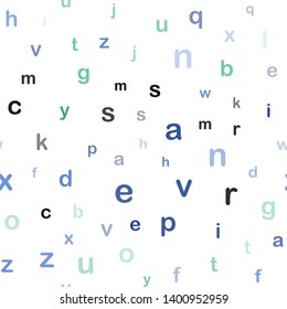 Light Blue, Green vector seamless backdrop with english symbols. Colored alphabet signs with gradient on white background. Pattern for trendy fabric, wallpapers.