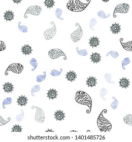 Light Blue, Green vector seamless doodle background with leaves and flowers. Decorative design in Indian style on white background. Texture for window blinds, curtains.