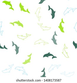 Light Blue, Green vector seamless background with dolphins. Decorative design in natural style with sea dolphins. Template for natural magazines.
