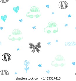 Light Blue, Green vector seamless template with carnival elements. Illustration with a gradient toy car, heart, baloon, tulip, candy, ball. Pattern for carnival, festival ads.